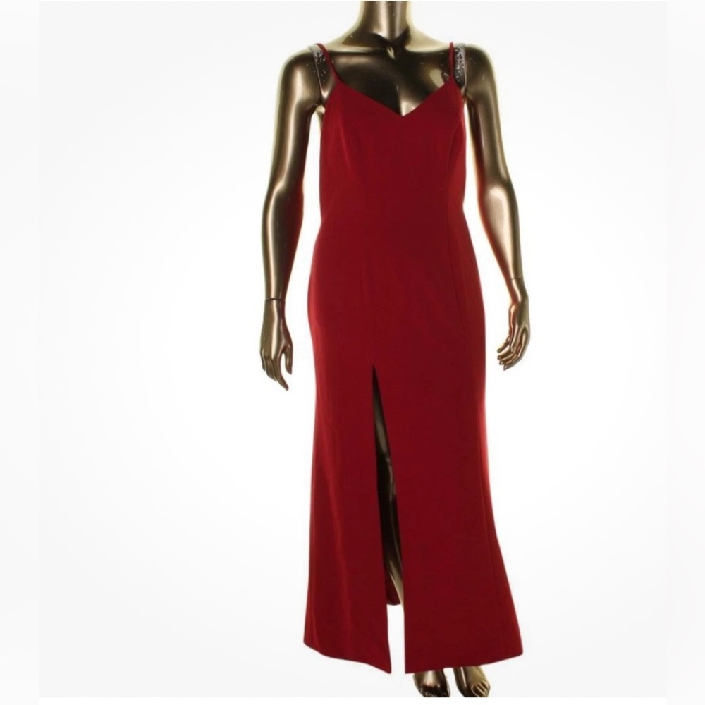 Fame and Partners Red Crepe Double V Leg Slit Formal Gown 18 NEW open back